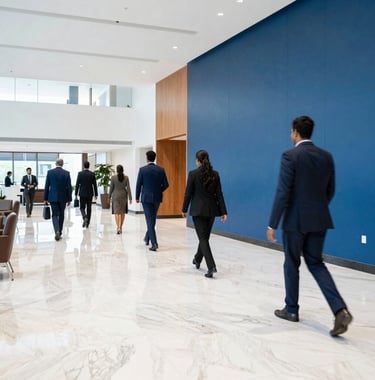 A high-end interior photograph of a corporate lobby featuring a clean white marble floor and a subtle accent wall in royal blue. Professional staff in South Asian / Indian business attire are seen in the distance, portraying an atmosphere of continuous growth.