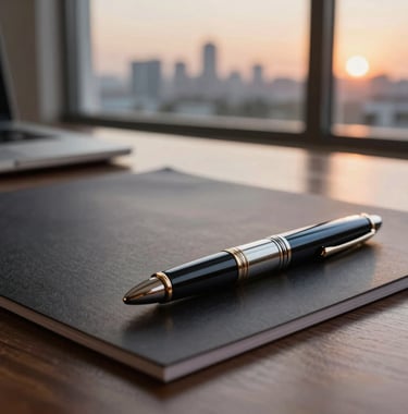 A macro photograph of high-end business stationery and a luxury pen on a dark wood desk. In the background, a blurred window view of the Vadodara city skyline at sunset, representing authority and success.