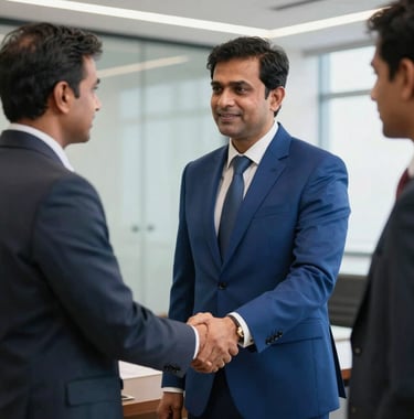 A South Asian / Indian executive in a sharp Deep Royal Blue suit shaking hands in a bright, elite corporate office in Vadodara, focus on professional trust and leadership.