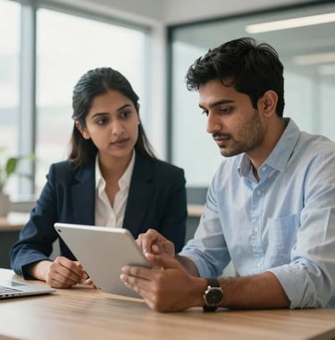 A clean, bright photograph of two corporate professionals discussing over a tablet in a bright, modern South Asian office space. The image conveys professionalism and technical advancement.