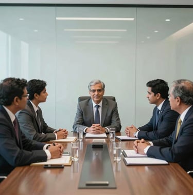 A high-quality photography shot of a professional board meeting in a glass-walled conference room in India. Participants show expressions of leadership and collaboration. Clean, bright, and elite aesthetic.