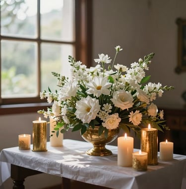 A small, elegant altar with white flowers and golden candles in a South American setting. Morning light filtering through a window.