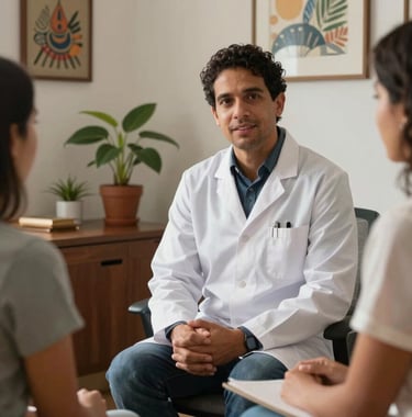 A South American Brazilian professional therapist talking kindly to a patient in a light-filled office. There is a sense of mutual respect and calm. The office is decorated with local art and plants.