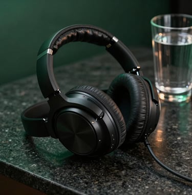 A close-up photograph of high-end professional headphones resting on a dark, polished stone surface. Beside them, a single crystal glass of water. Editorial lighting, deep green and soft gold highlights, luxury aesthetic.