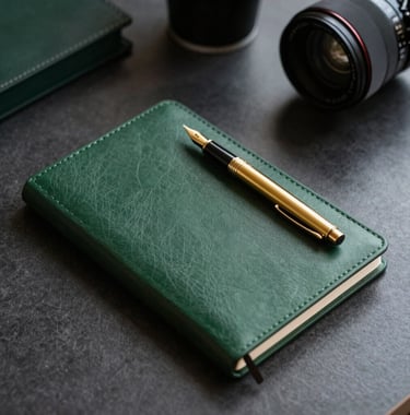 A minimalist, high-end desk setup featuring a gold fountain pen and a deep green leather notebook. The lighting is editorial and moody, reflecting a life of discipline and personal magnetism.