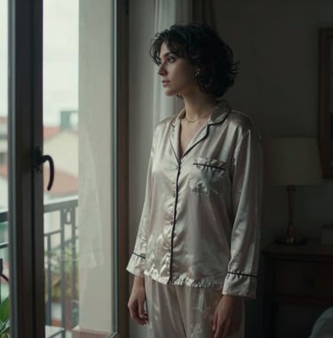 An introspective, cinematic shot of a person dressed in elegant loungewear, standing by a window in a sophisticated South American apartment. The lighting is soft and moody, reflecting a moment of quiet personal transformation.