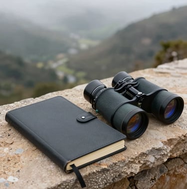 A detailed, close-up photograph of a hand-bound travel journal and a pair of vintage binoculars resting on a sand-colored stone ledge overlooking a misty valley. Editorial luxury style.