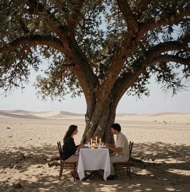 An evocative photograph of a candlelit dinner set for two under a massive ancient tree in a remote desert landscape. Deep shadows and ivory highlights. Global / Discerning English-speaking.