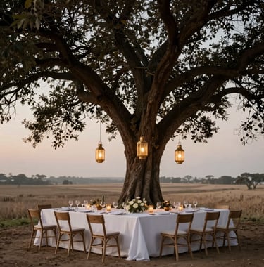 A high-end photography shot of a private dining table set under a sprawling, ancient tree at dusk, lit by muted gold lanterns. The background is a vast, calm landscape in taupe and ivory tones. Global / Discerning English-speaking.