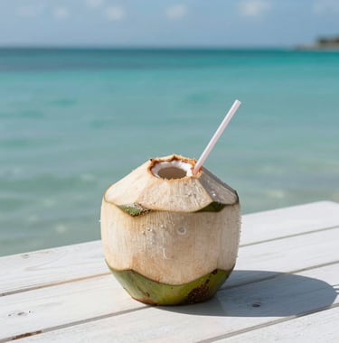 Clean, high-end photography of a chilled coconut drink on a white wooden table overlooking a calm turquoise sea in the Brazilian Caribbean. Tranquil and aspirational vibe.