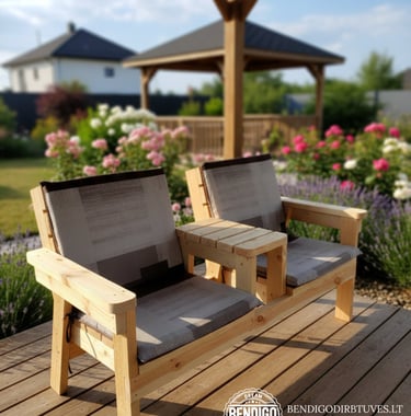 Medinis Suoliukas su integruotu staliuku per vidurį