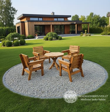 Medinis lauko baldų komplektas, keturios kėdės ir per vidurį stalas