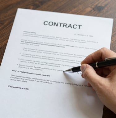 Hand holding a black pen signing a legal business contract paper on a dark wooden desk.