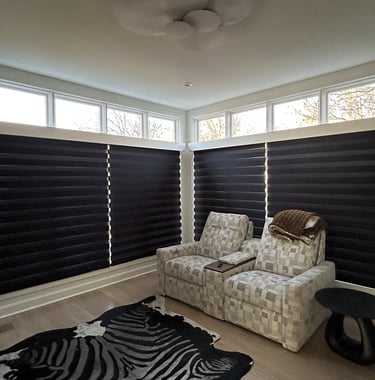 Modern living room featuring black roman shades, patterned reclining chairs, and a zebra print area rug.