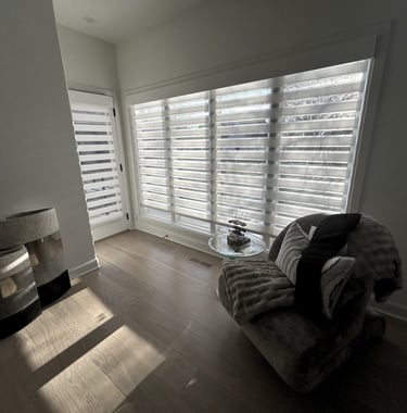 Modern living room featuring zebra blinds on large windows, hardwood floors, and a plush armchair.