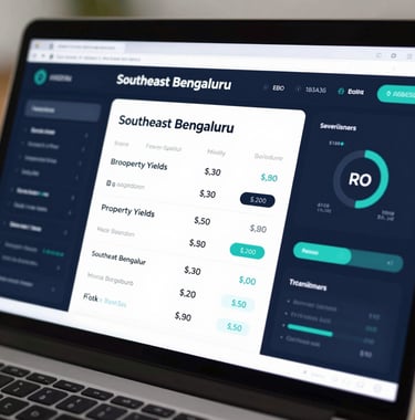 A close-up of a high-tech AI dashboard showing real-time property yields and ROI metrics for Southeast Bengaluru, designed with elite branding in #1B3A36 and #3A6B5F.