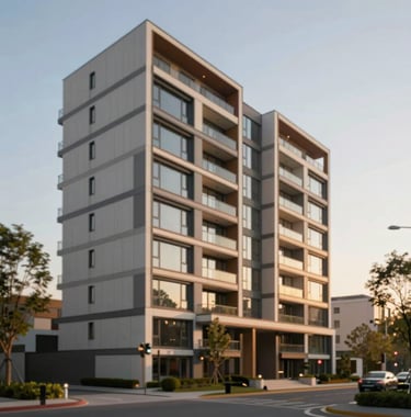 Sleek exterior shot of a modern apartment building in ITI Layout, during the golden hour. Sophisticated, wealthy aesthetic with #F5F2EC architecture.
