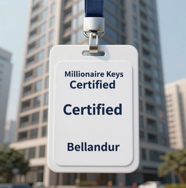 An elegant, 'Millionaire Keys Certified' verification badge over a professional architectural photo of a high-yield investment building in Bellandur. High-end real estate luxury style.