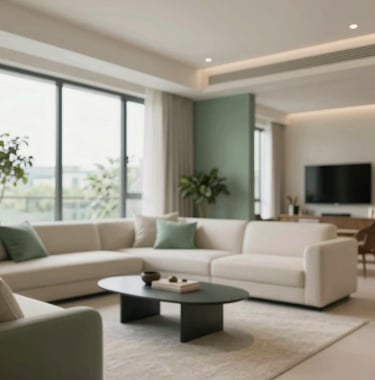 A high-end 2BHK luxury apartment interior in Sarjapur, featuring large windows, minimalist designer furniture, and professional lighting. Color palette includes sage green #9AB8AE and cream #F5F2EC.