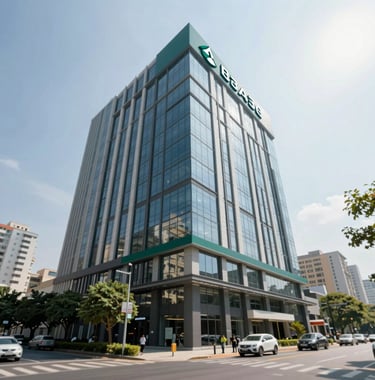 A wide-angle shot of a multi-floor commercial building in HSR Layout, modern facade, bright sunlight, signifying a high-yield investment asset. Brand colors #1B3A36 and #3A6B5F are reflected in the glass and landscaping.