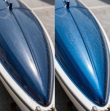 A before and after comparison view of a weathered boat surface transformed into a high-gloss, deep ocean blue reflective finish, studio lighting.