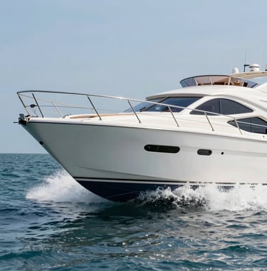 A sleek yacht cutting through the water at speed, showcasing the smooth, restored surface of the hull under the bright Florida sun.