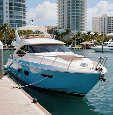 A luxury yacht docked at a high-end Florida marina, showcasing a fresh, vibrant ocean blue custom paint job with deep reflections and a clean, sophisticated aesthetic.