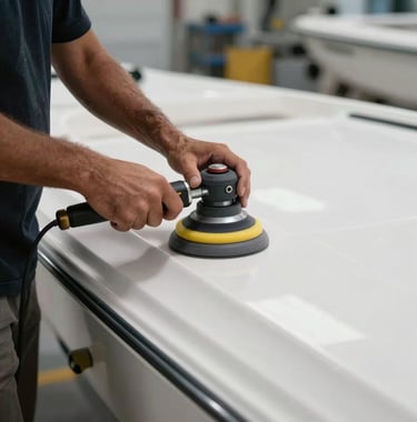 Detail shot of a skilled craftsman using a high-end buffer on a white fiberglass boat surface in a modern marine workshop in Coastal Florida. The focused lighting emphasizes the smooth, glossy texture and professional precision.