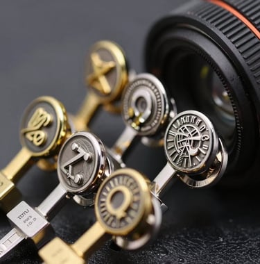 Close-up shot of a set of high-detail zamak pins with gold accents, showcasing intricate engravings and professional polishing, luxury product presentation style.