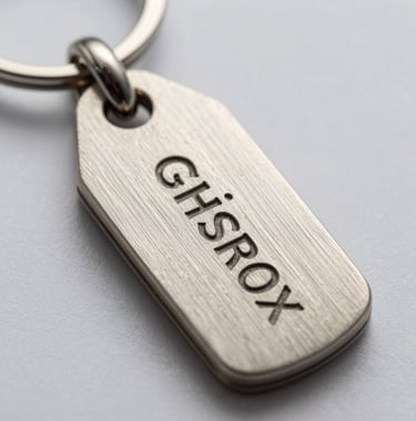 Extreme macro photography of a brushed metallic texture on a heavy keychain, showing fine craftsmanship and professional engraving under soft studio light.