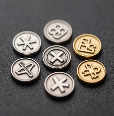 Macro photography of custom metal pins with detailed logos and high-contrast lighting. The pins show a mix of metallic silver and gold textures, photographed with a shallow depth of field on a charcoal background.