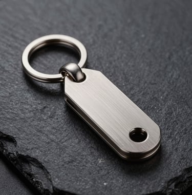 Macro photography of a premium custom metal keychain with a brushed antique silver finish, resting on a dark slate surface with high-contrast cinematic lighting, Spanish manufacturing studio setting.
