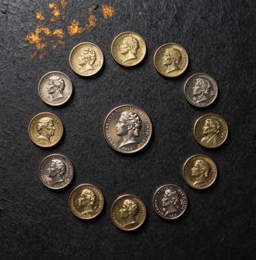 A top-down elegant presentation of metallic commemorative items, including pins and coins, arranged symmetrically on a dark textured charcoal background with subtle gold light reflections.