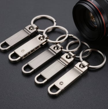 Professional studio photography of a collection of premium custom metal keychains. Elegant composition with high-end industrial lighting, highlighting the brushed metal finishes and durable quality.
