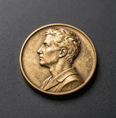 Detailed shot of a commemorative medal featuring antique gold finish and deep relief textures, displayed against a dark charcoal background with soft neutral gray shadows.