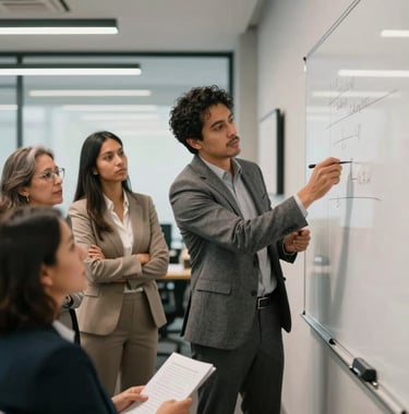 A diverse group of South American professionals engaged in a workshop, looking at a white board in a modern office, cinematic lighting, professional attire.