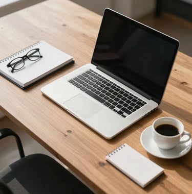 Overhead shot of a clean, minimalist wooden desk with a laptop, notebook, and a coffee cup in a Brazilian business setting, bright morning light.