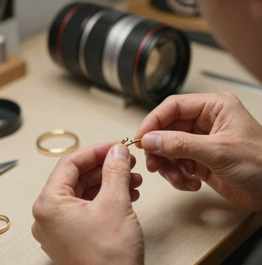 Close-up of hands working delicately on a piece of jewelry in a North American studio, warm natural lighting, sophisticated mood, reflecting quiet wisdom.