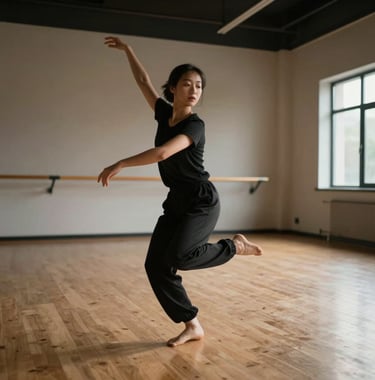 A dancer in mid-motion in a spacious, light-filled North American dance studio with wooden floors, conveying serene movement and grace.