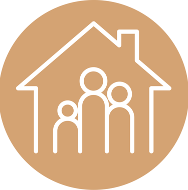 a family in a house with a house in the background