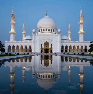 The majestic white dome of the Istiqlal Mosque in Jakarta, reflected in a nearby water feature during the blue hour, sophisticated Southeast Asian / Indonesian architecture.