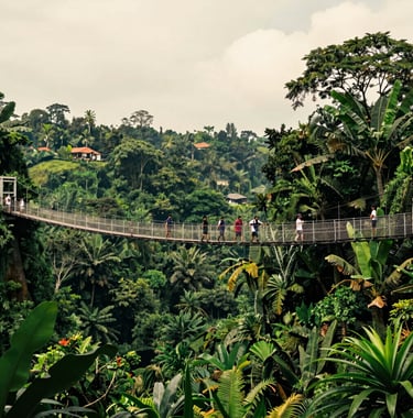 The impressive Sukabumi suspension bridge spanning across a lush, deep green valley. Vibrant forest green tropical foliage surrounds the structure. A group of friends from a Southeast Asian / Indonesian background are walking across the bridge, enjoying the adventurous scenery under a clear, warm off-white sky.