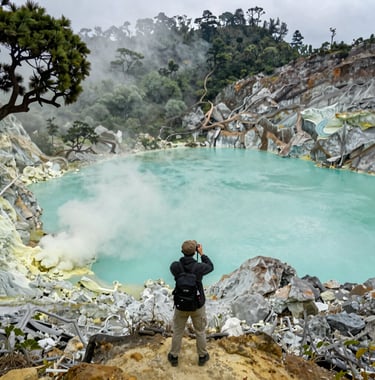 A stunning landscape of Kawah Putih in Bandung. The turquoise volcanic crater lake is surrounded by white sulfur rocks and misty trees. A professional traveler from a Southeast Asian / Indonesian background is capturing the view. Natural forest green and soft sage tones dominate the scene.