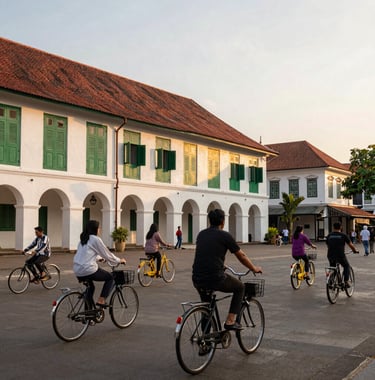 Historical Kota Tua Batavia in Jakarta. A wide shot of the colonial Fatahillah Square during the golden hour. Locals and tourists from a Southeast Asian / Indonesian background are riding colorful vintage bicycles. The lighting is warm and inviting, highlighting the forest green shutters of the buildings.