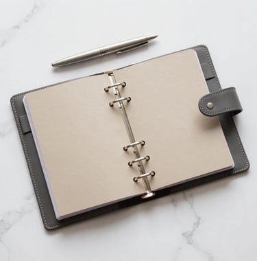 A minimalist, top-down photograph of an open leather-bound travel planner and a silver fountain pen on a white marble table. The aesthetic is clean and corporate, featuring sand (#D2C9B0) and charcoal (#1E2B38) tones.