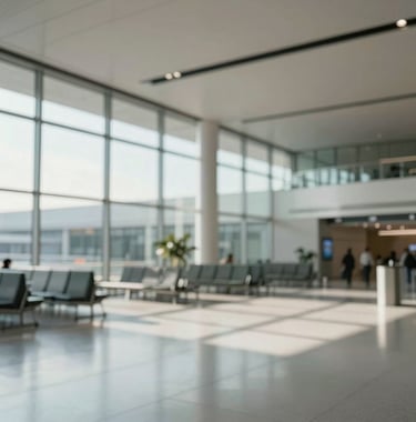 Clean, architectural shot of a modern airport terminal with large windows and geometric shadows. Calm, professional atmosphere with #F8F6F2 highlights.