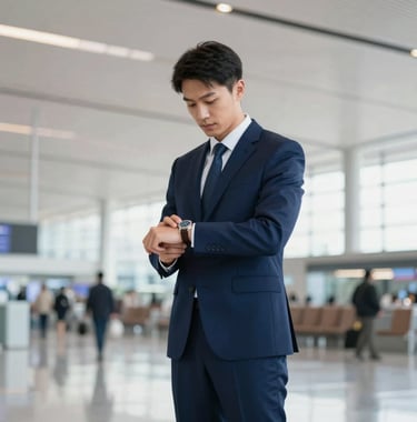 A faceless professional male in a tailored suit checking a high-end watch while standing in a modern, architecturally significant airport terminal. The palette emphasizes deep blues (#1E2B38) and clean whites.