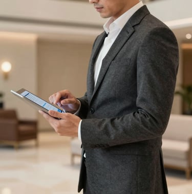 A minimalist, faceless shot of a male professional in a sharp charcoal blazer holding a tablet, reviewing campaign analytics. Background is a blurred luxury hotel lobby with soft #D2C9B0 sand tones.