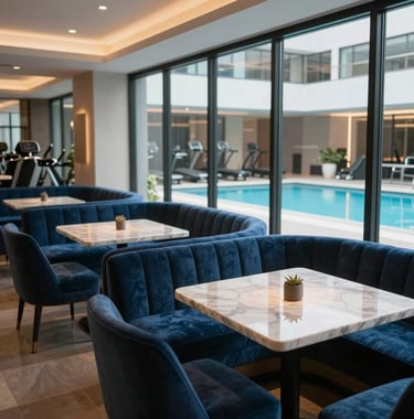 A tranquil, high-end gym lounge featuring marble tables, blue velvet seating, and a view of a clean, modern pool area through large windows. The lighting is elegant and airy. North American / US luxury facility.