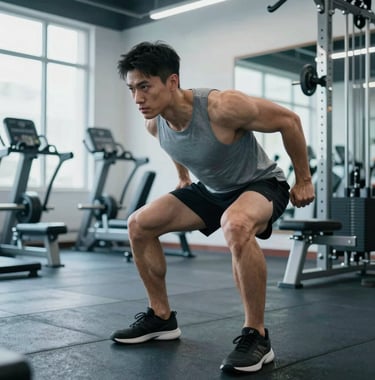 An action photograph of a determined athlete performing a high-intensity workout in a luxury North American / US gym setting. The lighting is crisp and cool with light blue gray tones, highlighting the discipline and strength.